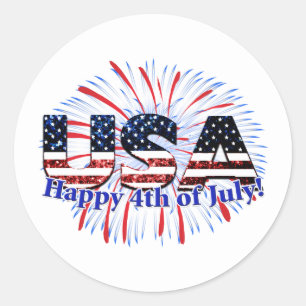 米国文字国旗のグリッター花火7月4日Happy ラウンドシール