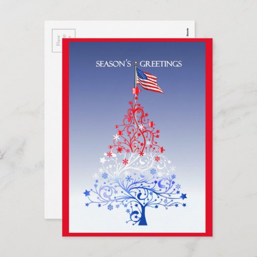 米国旗が付いている愛国心が強いクリスマスツリー シーズンポストカード (正面/裏面)