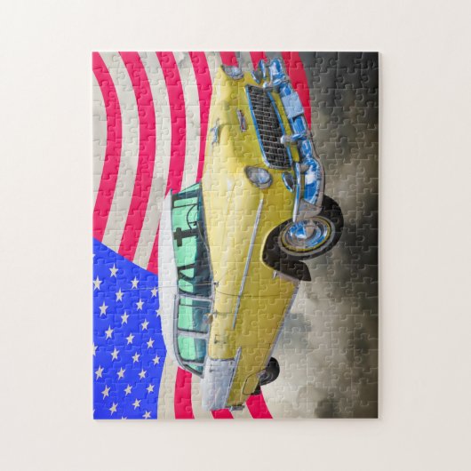 米国旗が付いている1955年のシボレーBel Air ジグソーパズル (縦)