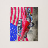 米国旗が付いている1958年のプリマスのサヴォイ車 ジグソーパズル (縦)