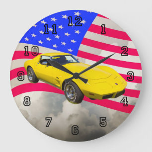 米国旗との1975年のコルベットのアカエイ ラージ壁時計