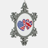 米国旗と英国国旗のハート スノーフレークピューターオーナメント (左)