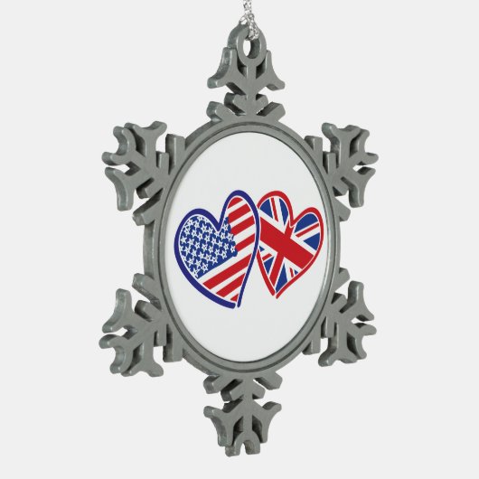 米国旗と英国国旗のハート スノーフレークピューターオーナメント (左)