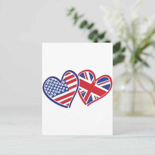 米国旗と英国国旗のハート ポストカード (スタンド正面)