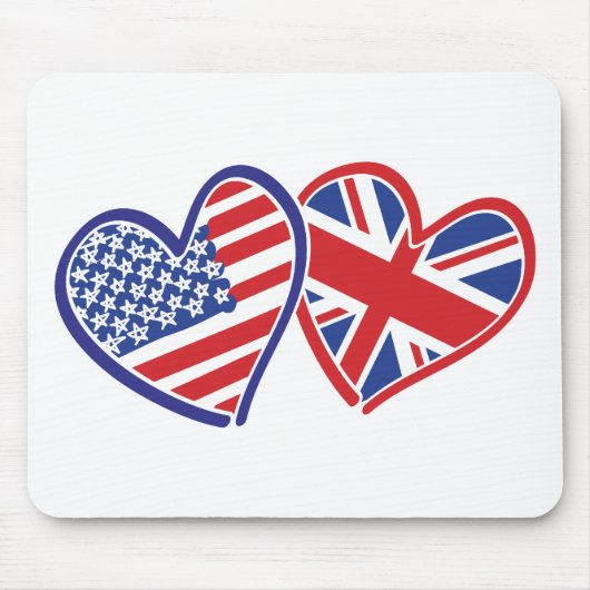 米国旗と英国国旗のハート マウスパッド (正面)