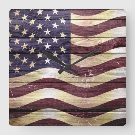 米国旗のヴィンテージ木 スクエア壁時計 (正面)