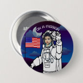 米国旗の宇宙飛行士の写真(青) 缶バッジ (正面&裏面)