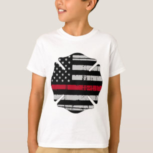 米国旗の消防士の十字の薄い赤線 Tシャツ