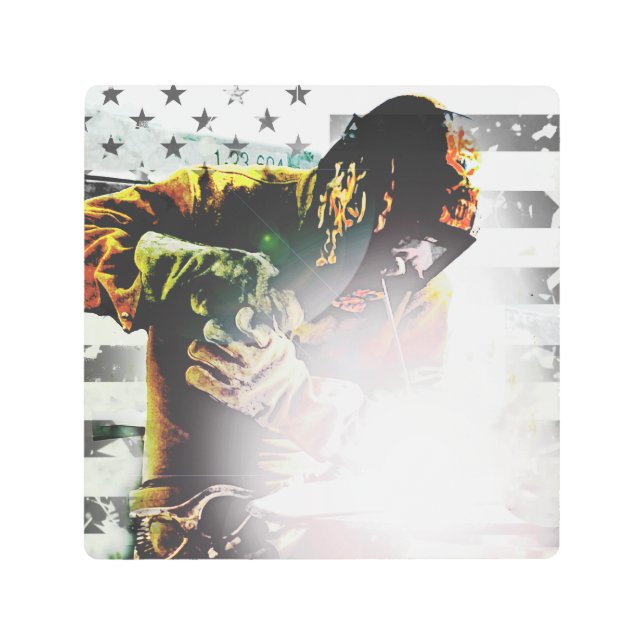 米国旗の溶接工 メタルプリント (正面)