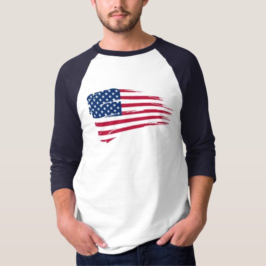米国旗の裂け目の基本的な3/4の袖のRaglan Tシャツ (正面)