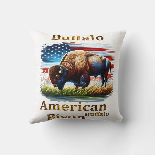 米国旗を掲げて草原に立つバッファロー クッション (裏面)