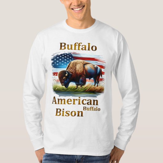 米国旗を掲げて草原に立つバッファロー Tシャツ (正面)