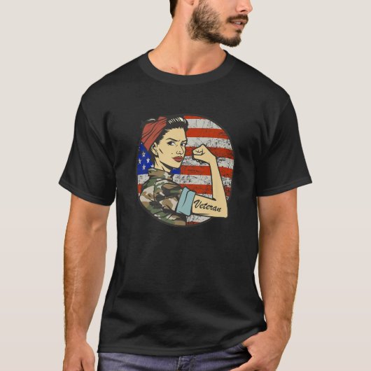 米国旗陸軍退役軍人強い女性退役軍人 Tシャツ (正面)