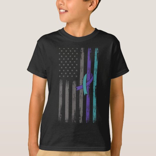 米国旗 テールパープルリボン 認識 予防 Tシャツ (正面)