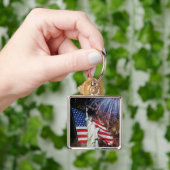 米国旗、花火および自由の女神 キーホルダー (手)