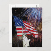 米国旗、花火および自由の女神 ポストカード (正面/裏面)