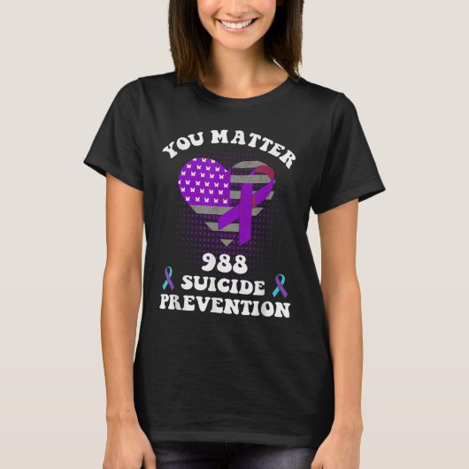 米国旗 988 自殺予防啓発リボン Tシャツ (正面)