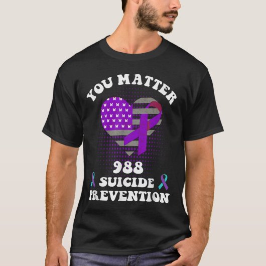 米国旗 988 自殺予防啓発 リボン Tシャツ (正面)