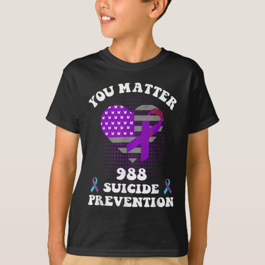 米国旗 988 自殺防止啓発リボン Tシャツ (正面)