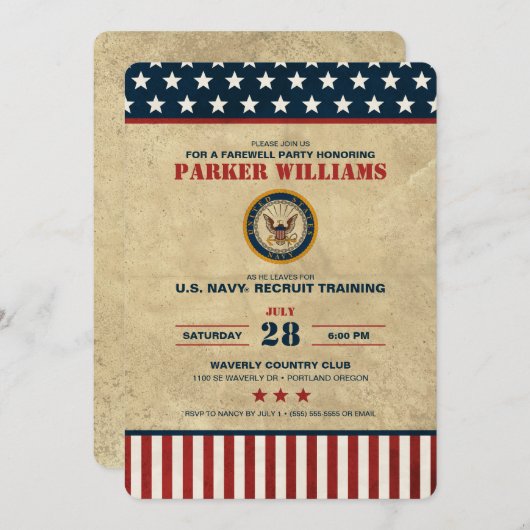 米国海軍のお別れパーティーリクルートトレーニング 招待状 (正面/裏面)