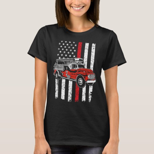 米国消防士アメリカ国旗の赤線 Tシャツ (正面)