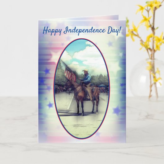 米国独立記念日の旗を持つカウボーイ カード (黄色い花)
