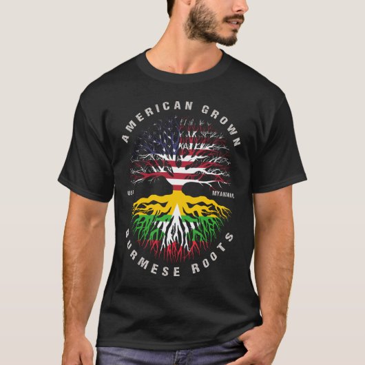 米国産ビルマ産ルーツミャンマー国旗 Tシャツ (正面)