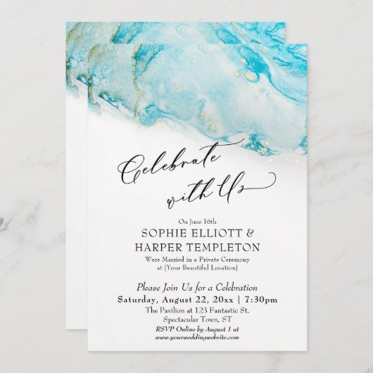 米国祝のティール(緑がかった色)と金ゴールドインクの披露宴のみ 招待状 (正面/裏面)