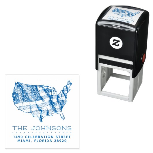 米国素朴の地図と国旗 |ファミリ名差出人住所 セルフインキングスタンプ (インサイチュ)