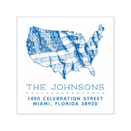 米国素朴の地図と国旗 |ファミリ名差出人住所 セルフインキングスタンプ