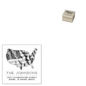 米国素朴の地図と国旗 |ファミリ名差出人住所 ラバースタンプ (押印)