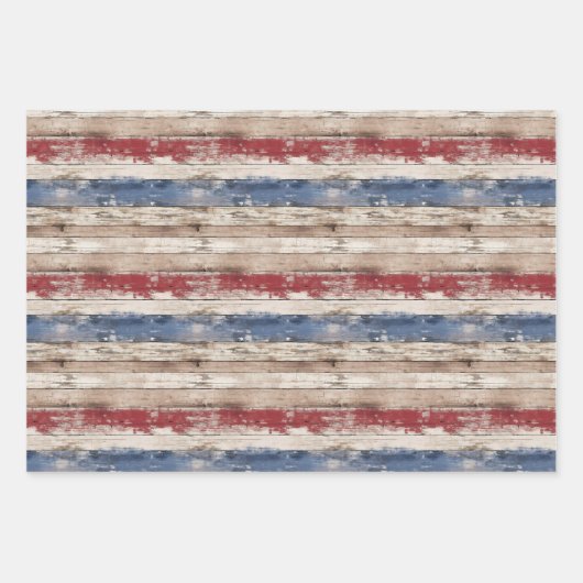 米国素朴国旗の愛国的な青と赤の古い木製 ラッピングペーパーシート (正面3)