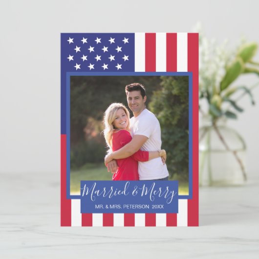 米国結婚した国旗メリー愛国写真 シーズンカード (スタンド正面)