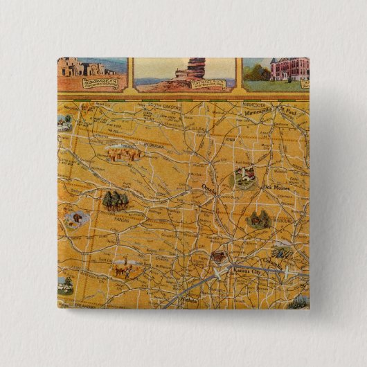 米国航図解入りの、写真付きの空路地図 缶バッジ (正面)