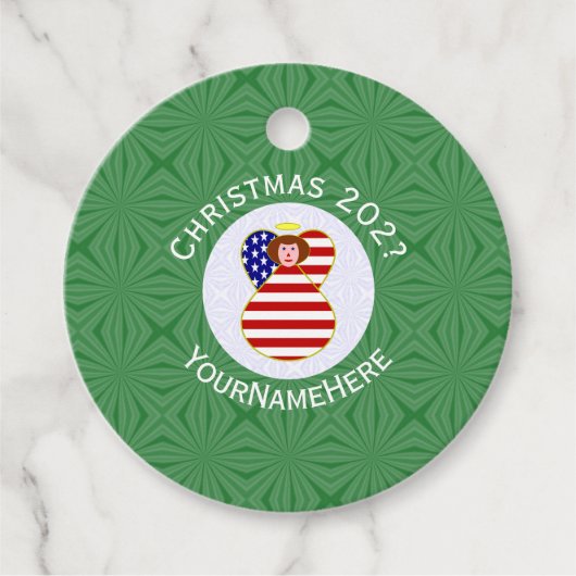米国赤毛エンジェルクリスマス国旗パーソナライズされた フェイバータグ (正面)