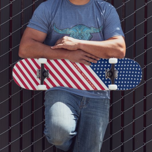 米国赤青色白ストライプ星モノグラムの旗 スケートボード (室外3)