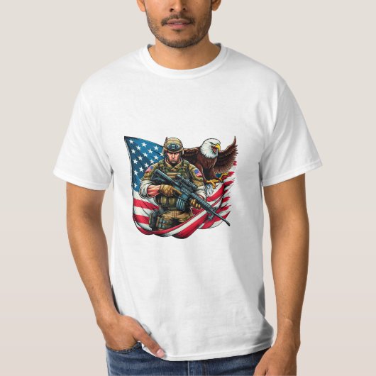米国軍人イーグル米国国旗の愛国芸術 Tシャツ (正面)
