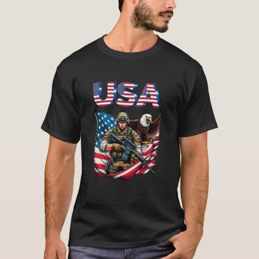 米国軍人イーグル米国国旗の愛国芸術 Tシャツ (正面)