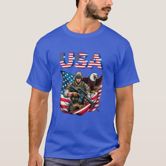 米国軍人イーグル米国国旗の愛国芸術 Tシャツ (正面)