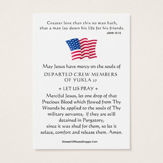 米国軍隊ユクラ27メモリアル祈りの言葉カード (裏面)
