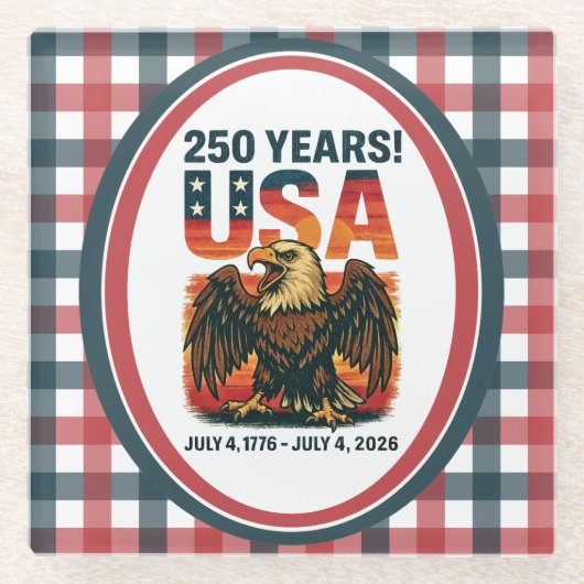 米国250年 – 愛国的なハゲ・イーグル2026年7月4日 ガラスコースター (正面)