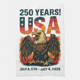 米国250年 – 愛国的なハゲ・イーグル2026年7月4日 キッチンタオル