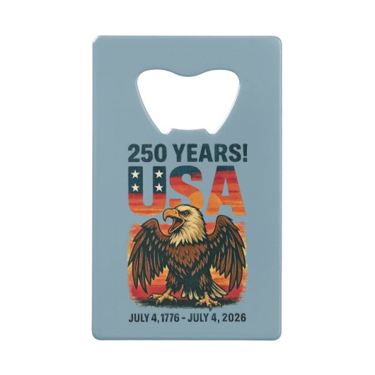 米国250年 – 愛国的なハゲ・イーグル2026年7月4日 クレジットカード栓抜き (正面)