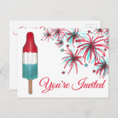 米国7月4日パーティー花火ロケットポップ・アートの招待状 インビテーションポストカード (正面/裏面)