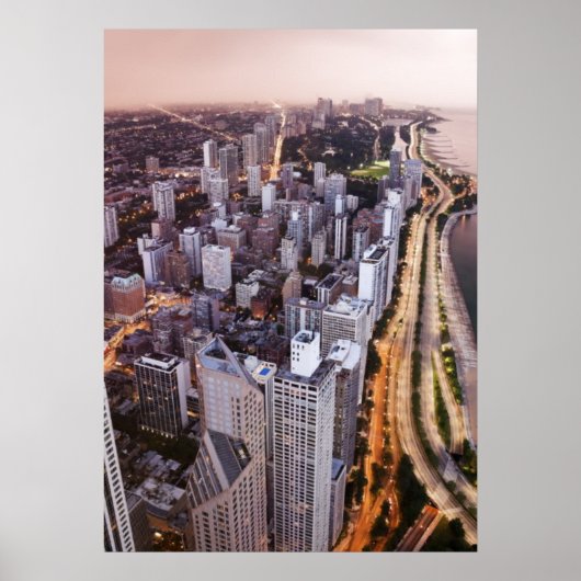 米国、イリノイ、シカゴ、湖の空中表示 ポスター (正面)