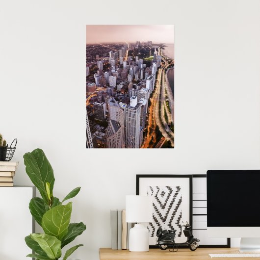 米国、イリノイ、シカゴ、湖の空中表示 ポスター (ホームオフィス)