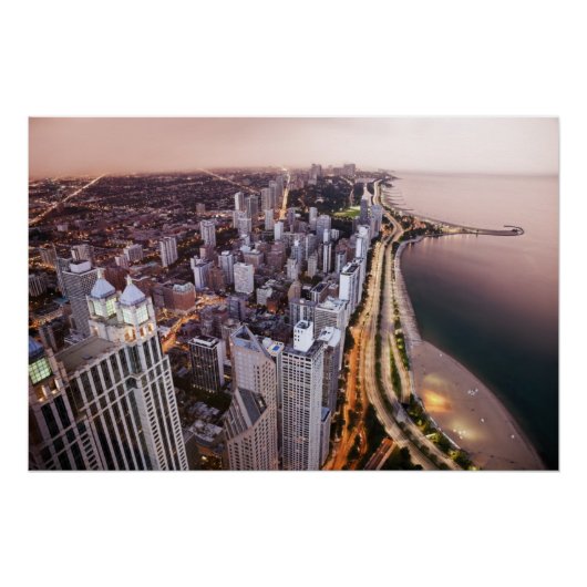 米国、イリノイ、シカゴ、湖の空中表示 ポスター (正面)