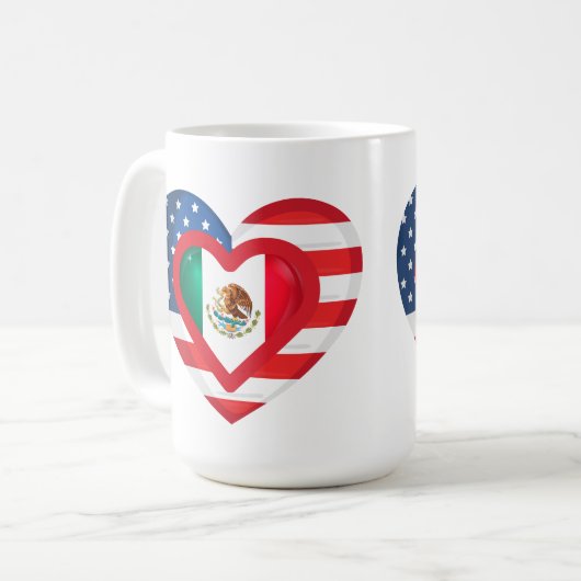 米国/メキシコ国旗ハートデザイナーマグカップ コーヒーマグカップ (正面左)