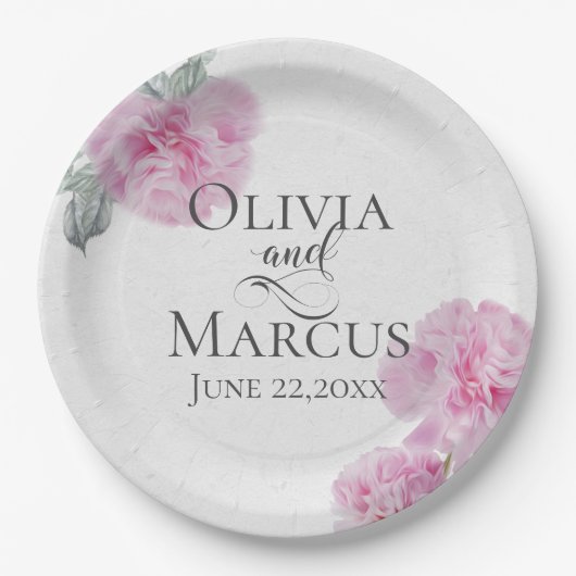 米絵を描紙の食感にピンクの牡丹 ペーパープレート (正面)