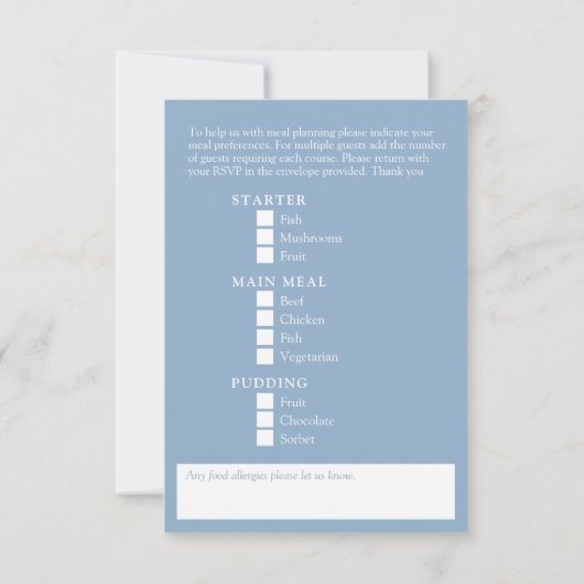 粉々に結婚染まった青い花の食事オプション 出欠カード (裏面)